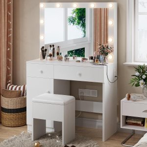 Vanity Desk with Mirror, 11 LED Lights and Power Outlet, Makeup Vanity Set with Storage Cabinet, Drawers and Chair, White Dressing Table with 3 Adjustable Light Modes for Bedroom