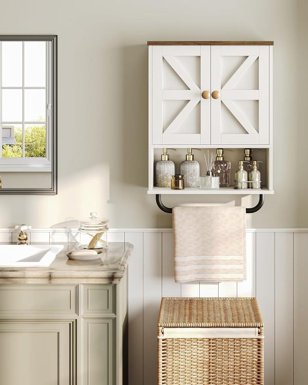 Bathroom Wall Cabinet, Medicine Cabinet with Open Partition and Towel Bar, Rustic Storage Cabinet with Open and Hidden Storage Space, for Bathroom, Living Room, Kitchen, White and Walnut - Image 2