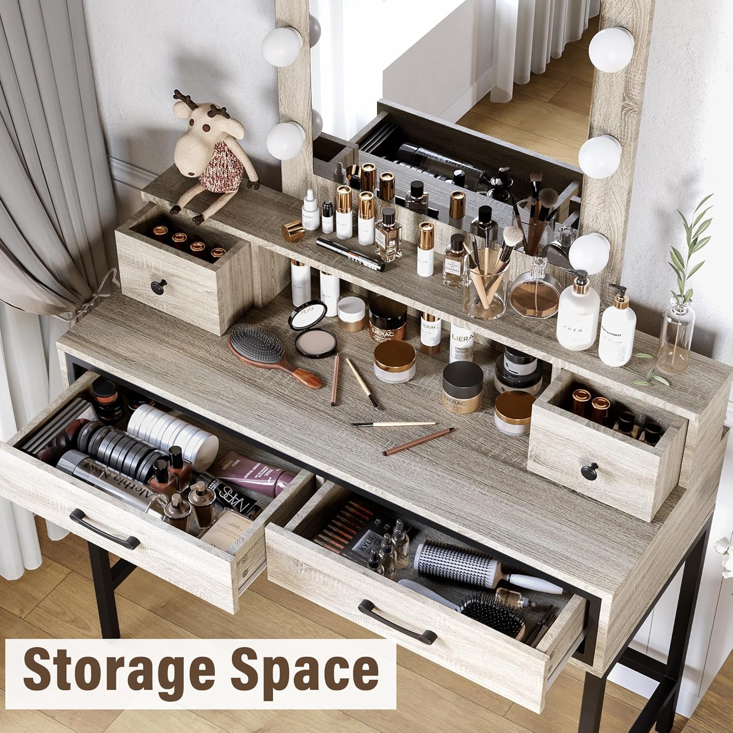 Vanity Desk with Mirror and Lights, Makeup Vanity with 3 Color Dimmable Lighted Hollywood Mirror, Light Grey Makeup Table with 4 Drawers, Large Dressing Table for Women Girls - Image 2