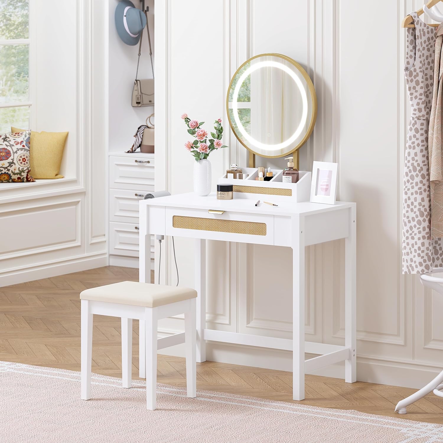 Makeup Vanity Desk with Mirror and Lights, Rattan White Vanity with Drawers, 3 Lighting Modes Small Vanity Dressing Table for Bedroom - Image 2
