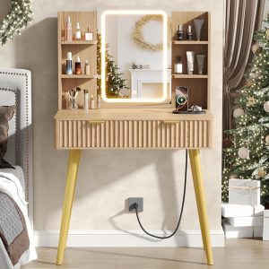 29.5" Small Makeup Vanity with LED Light Mirror, Fluted Vanity Table with 2 Drawer & 4 Open Storage Shelf, 3 Light Modes and Adjustable Brightness, Dressing Table for Bedroom,Natural Oak