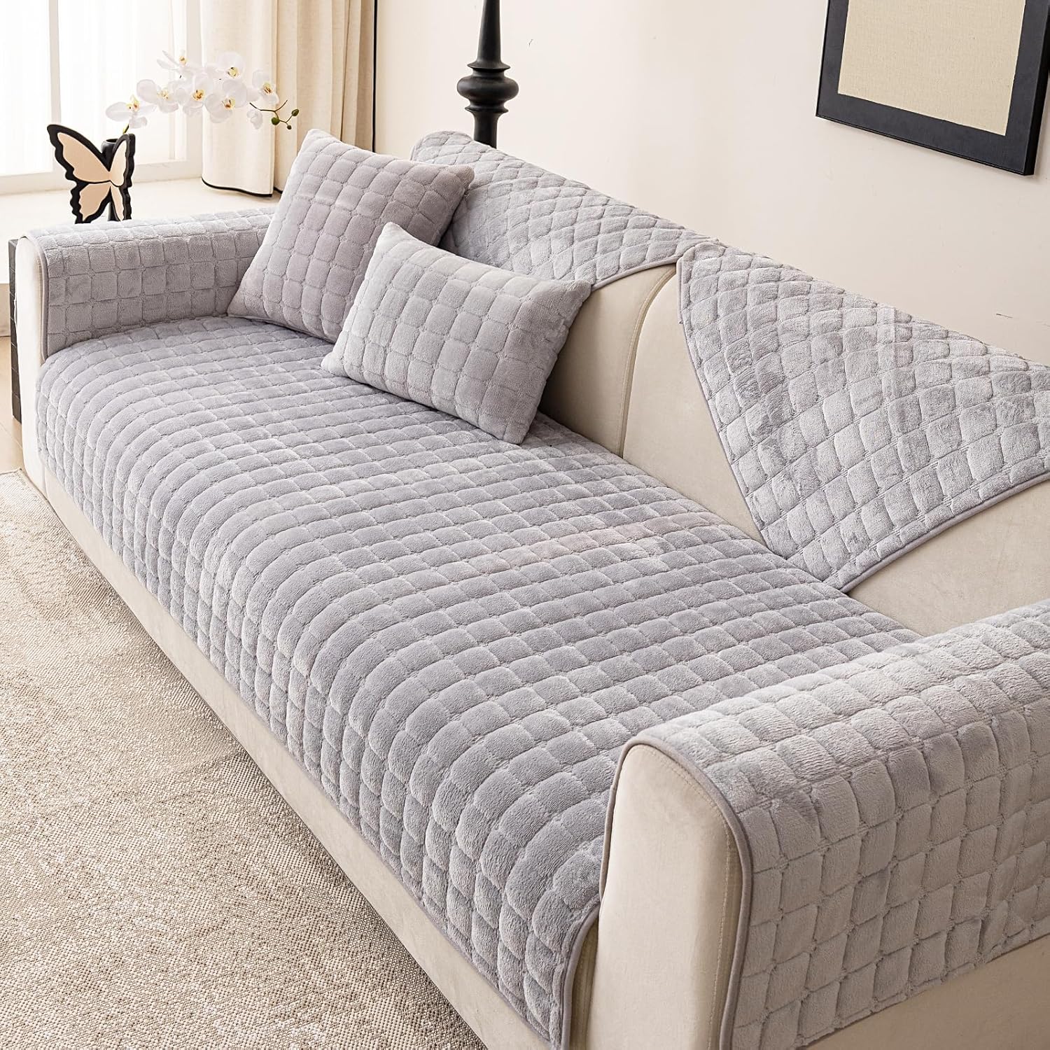 Velvet Couch Cover,Faux Fur Couch Cover,Washable Plush Couch Cover,Anti Silp Plush Sofa Cover,Furniture Protector for Pets(Light Grey,36"x63"/Loveseat Sofa Cover)
