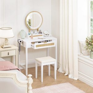 Makeup Vanity Desk with Mirror and Lights, Rattan White Vanity with Drawers, 3 Lighting Modes Small Vanity Dressing Table for Bedroom