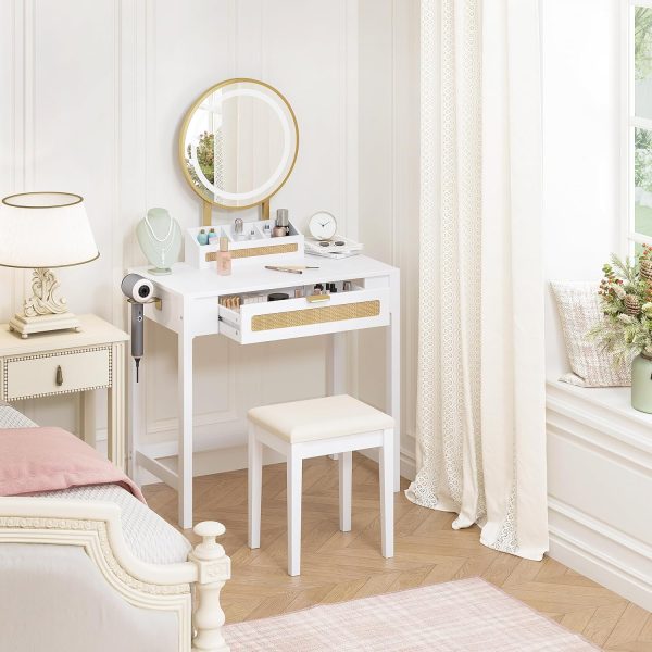 Makeup Vanity Desk with Mirror and Lights, Rattan White Vanity with Drawers, 3 Lighting Modes Small Vanity Dressing Table for Bedroom
