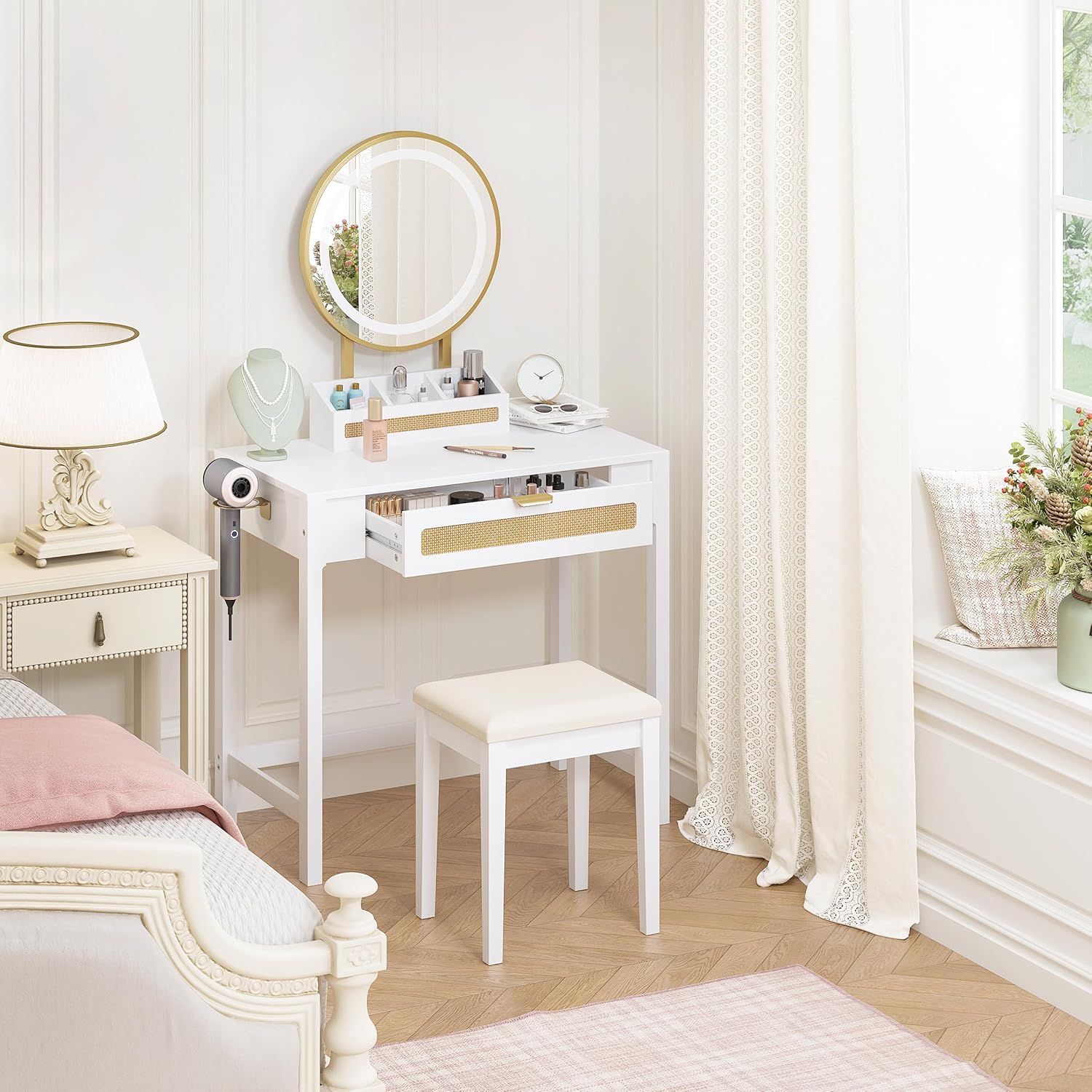 Makeup Vanity Desk with Mirror and Lights, Rattan White Vanity with Drawers, 3 Lighting Modes Small Vanity Dressing Table for Bedroom